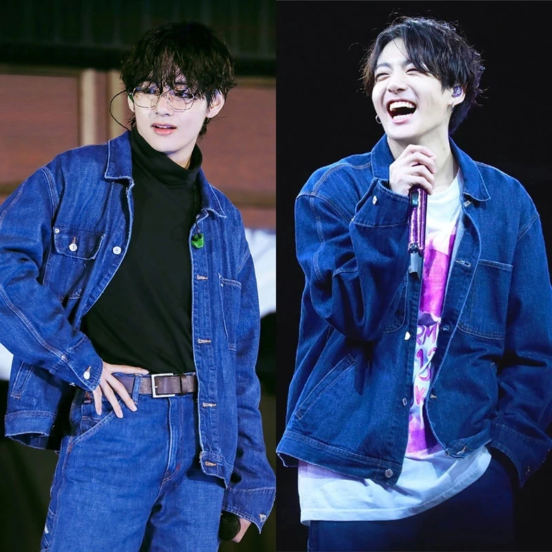

2022 JUNGKOOK KIM TAEHYUNG Jacket Concert Style Denim Print Unisex Button Loose Top Clothes Lapel Pocket Fashion Kpop Coat Pants