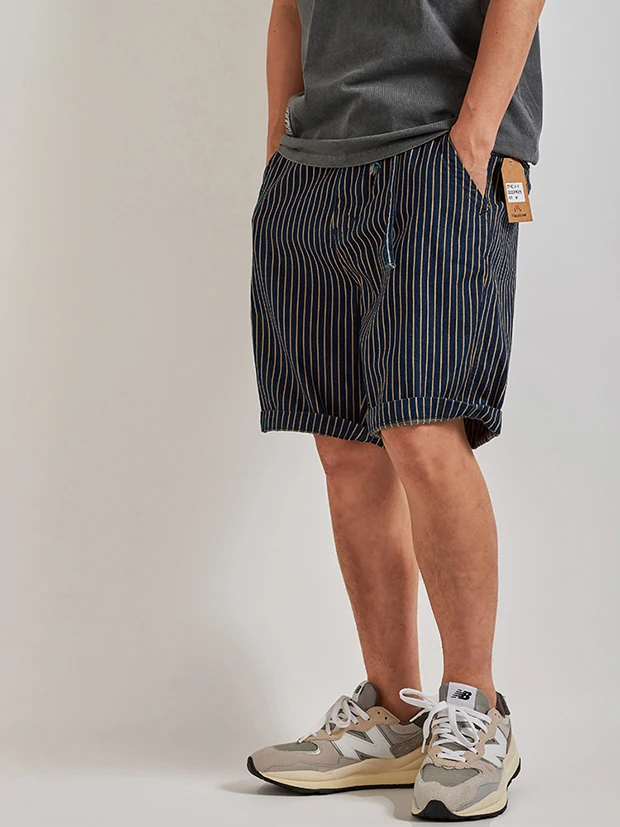 Мужские джинсовые шорты в тонкую полоску стиле ретро синие повседневные