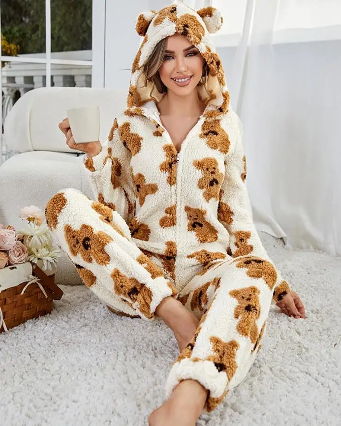 

Женская пижама-комбинезон с длинным рукавом, с капюшоном и молнией спереди