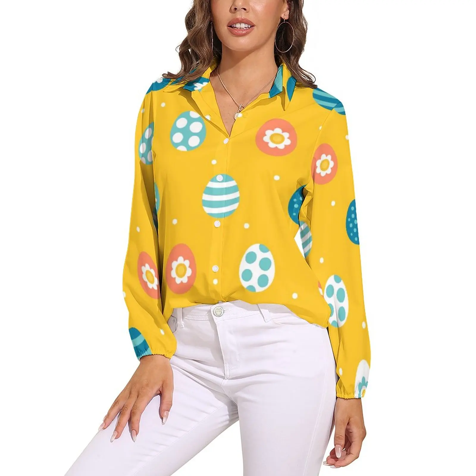 

Easter Egg Bombs Blouse Long-Sleeve Colorful Print Kawaii Blouses Lady Street Fashion Oversized Shirt Retro Top Birthday Present