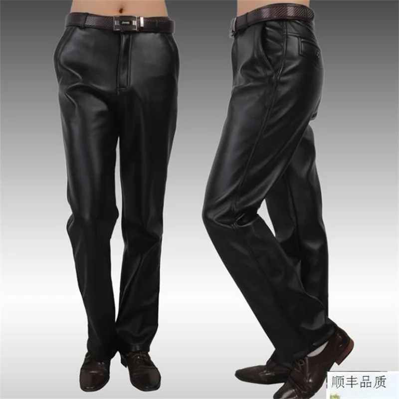 Autumn motorcycle faux leather pants men trousers pu pants for men pantalon homme thermal velvet thicken loose straight