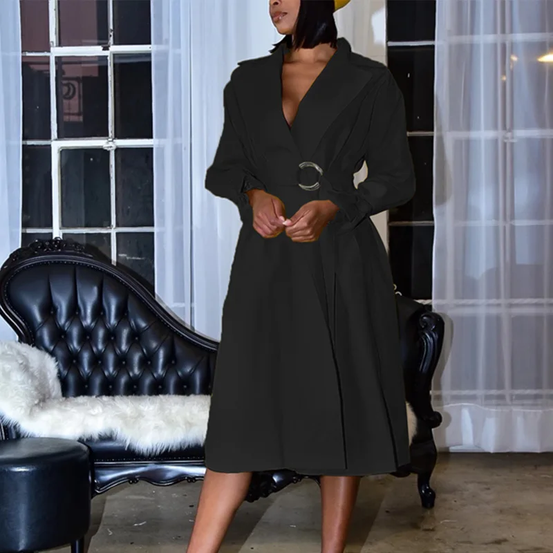 

Elegant Long Sleeve Women High Waist Sashes Office Lady Commute Dress Maxi 2021 Spring Autumn New Fashion A-line Summer Dresses