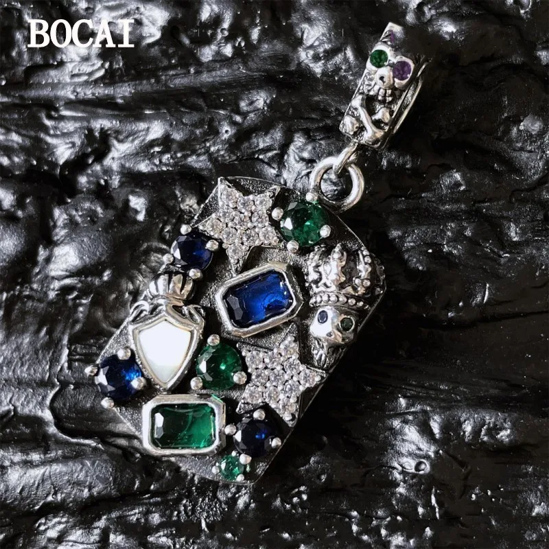 

BOCAI New S925 Silver Elegant Fashionable Advanced Temperament Skeleton Shield Ghost Card Graffiti On The Back Square
