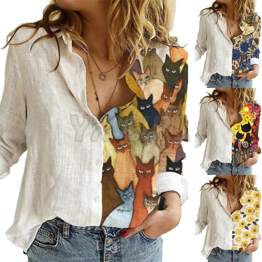 YX GIRL Cute Cat print Women Long Sleeve Shirt   3D Printed Button-down Shirt Casual Unique Streewear