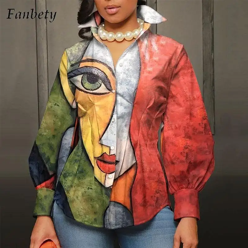 

Women Elegant Pattern Print Blouse Shirts Autumn Casual Turn-down Collar Loose Tops Ladies 2023 Fashion Single Breasted Blusa