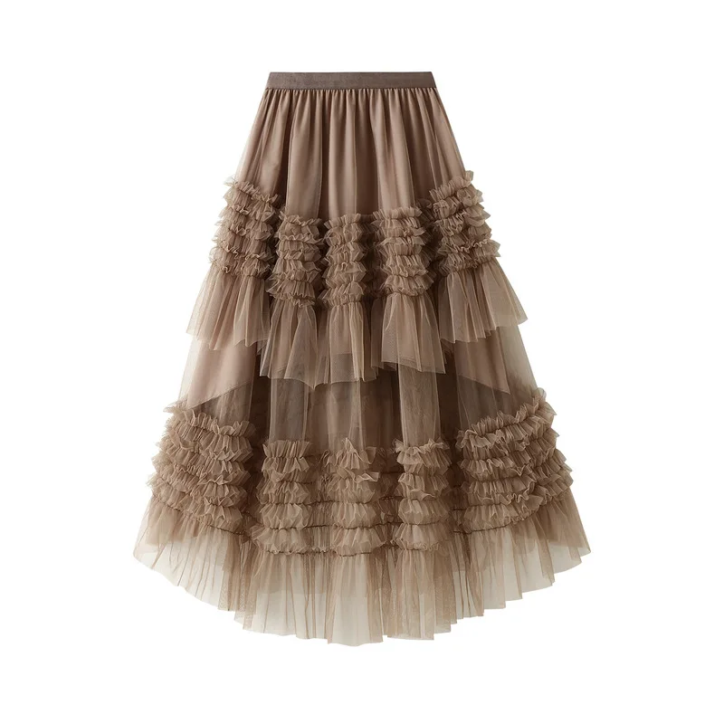 

White New Summer Women Mesh Skirts A-line Long Pleated Solid Skirts Brown Black Black Women Fashion Clothing