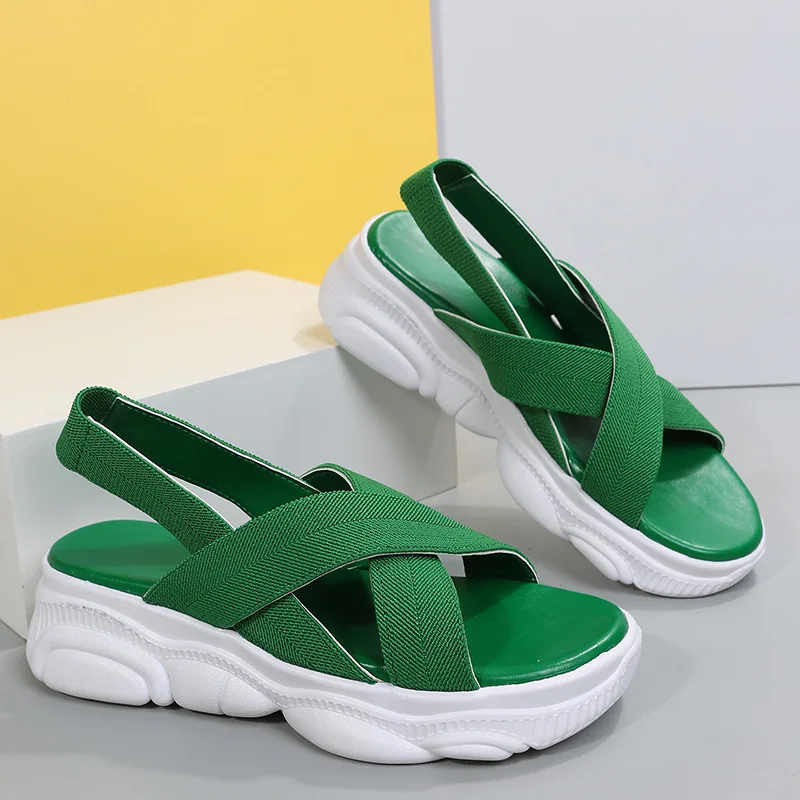 New 2022 Summer Wedge Heel Thick Sole Stretch Cloth Women's Sandals Casual Sports Sandals Women