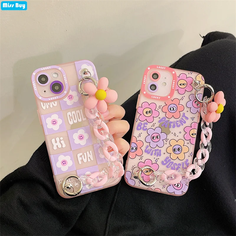 

Transparent Shockproof Flowers Smile Wristband Phone Case for iPhone 13 12 11 Pro MAX XS Max XR X 8 7 Plus Coque Soft Back Cover