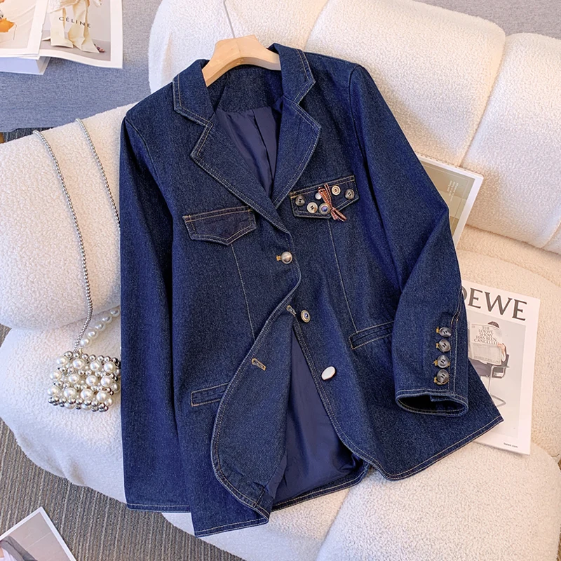 

2023 Women's New Vintage Denim Blue Small Suit Coat Heavy Duty Button Handsome Suit Coat