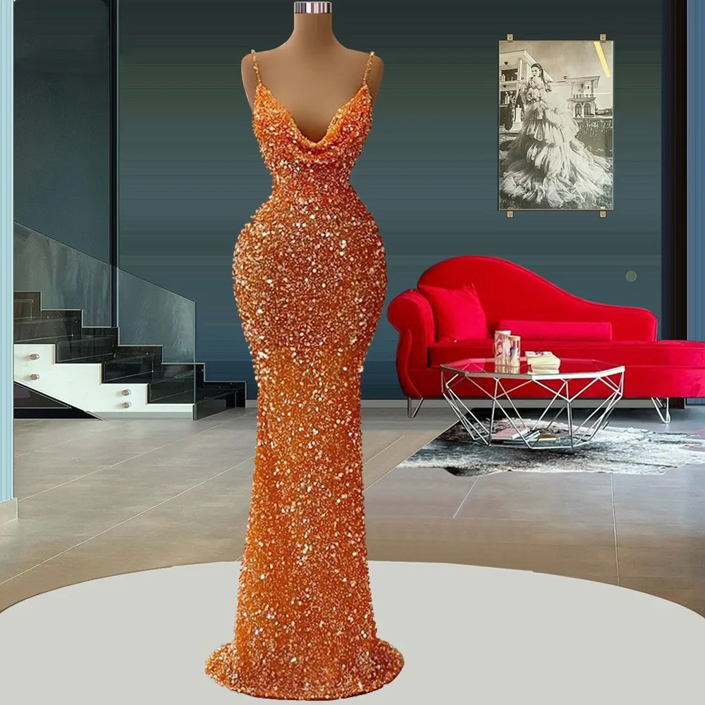 

Orange Prom Dresses Sheath Spaghetti Straps Sequins Sparkle Long Prom Gown Saudi Arabia Dubai Black Girls Evening Dresses
