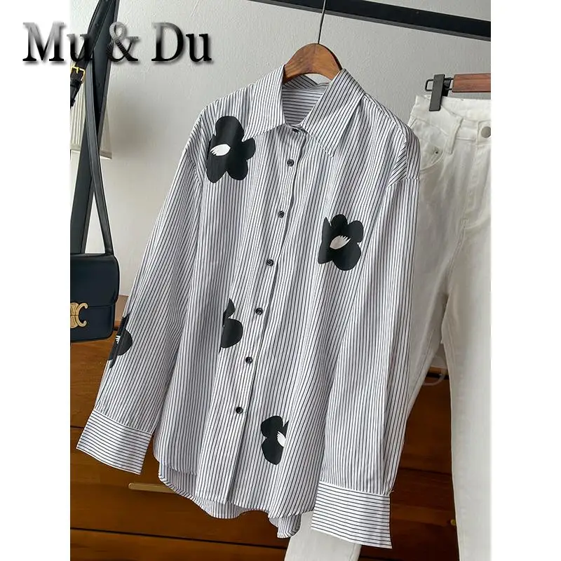 

Mu&Du 2023 Spring Women Flower Striped Shirt Oversized Casual Commute Blouse Female Chic Single Breasted Long Sleeves Blusas Top