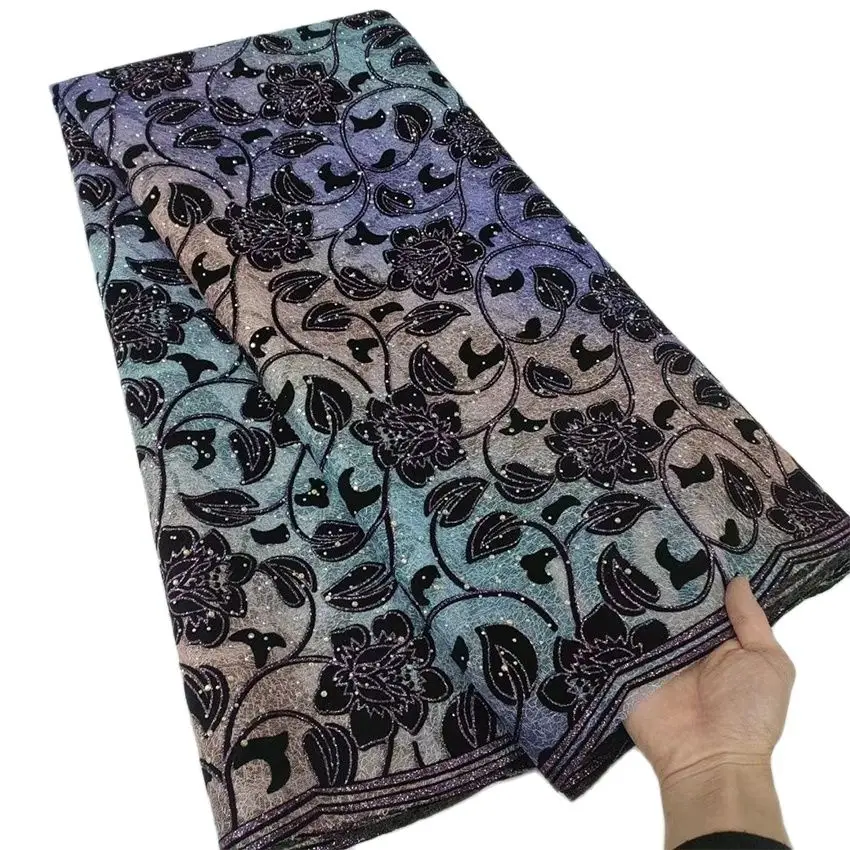 

Роскошная африканская флокировка с бронзовым и горячим рисунком кружевная ткань классический нигерийский хлопок для женщин вечернее плат...