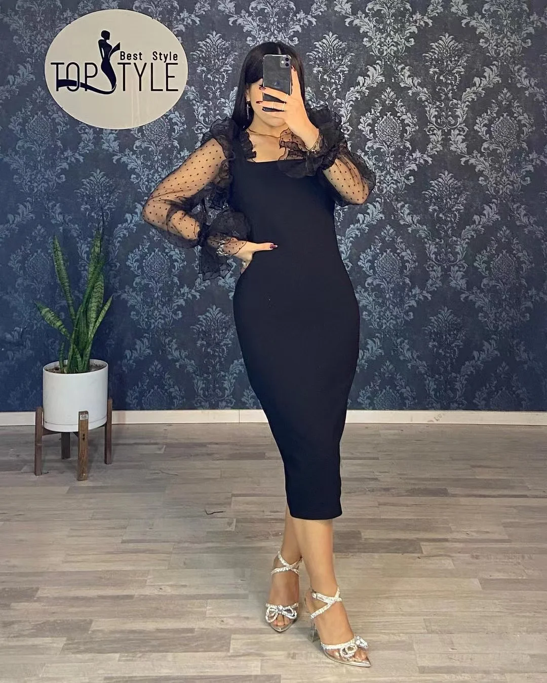 

Black Tea Length Mermaid Prom Dresses Women Wear for Cocktail Party Square Neck Dot Tulle Long Sleeves Special Occasion Dress