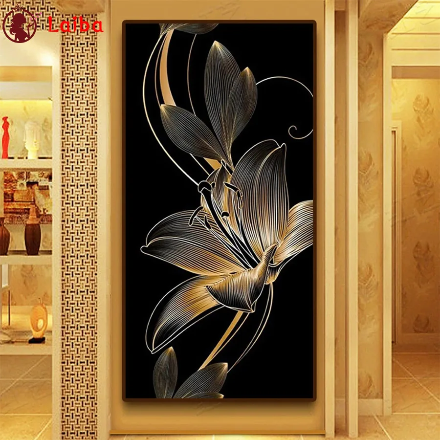 

Diamond Mosaic Modern Abstract Luxurious Black And Gold Flowers Diamond Painting Cross Stitch Embroidery Picture Wall Art