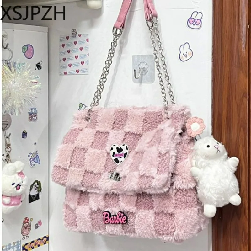 

Premium New Plaid Plush Underarm Bag Fall Winter Cross Body Bag Class Commute Tote Bag Cute Fur Tote Bag 2023 Female Fashion