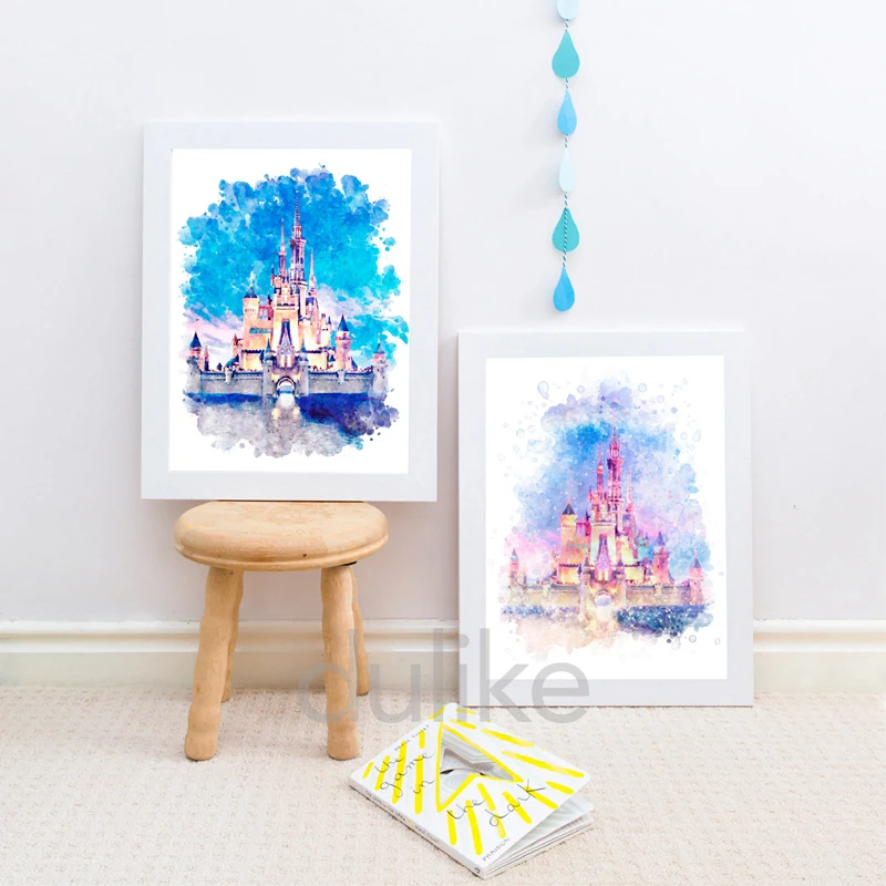 Акварель Disney Принцесса замок печать Золушка мультфильм плакат Волшебное