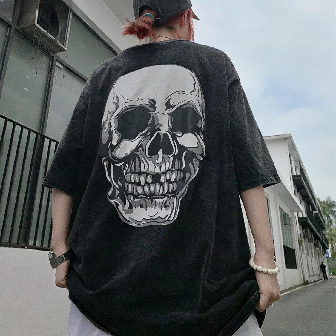 

European and American tide brand t-shirt men and women retro washed old skull short sleeved street hip hop sleeves high street