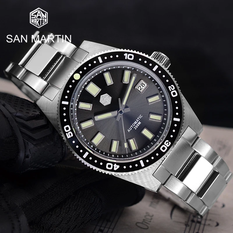 

San Martin 62mas V4 41mm Diver Mens Watch Sapphire Glass Applied Logo NH35 Automatic Mechanical Watches Bracelet Date 20Bar Lume