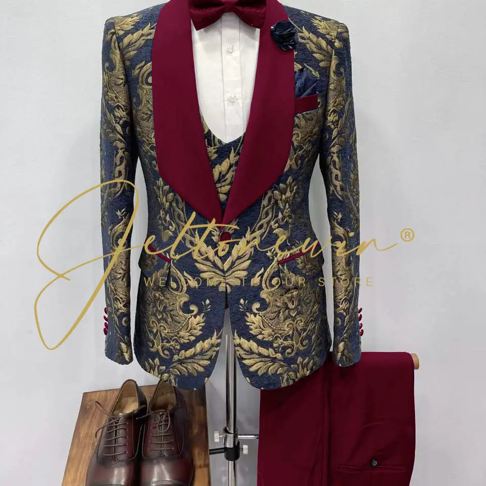 Новый дизайн синий цветочный мужской костюм JELTONEWIN облегающий смокинг из 3
