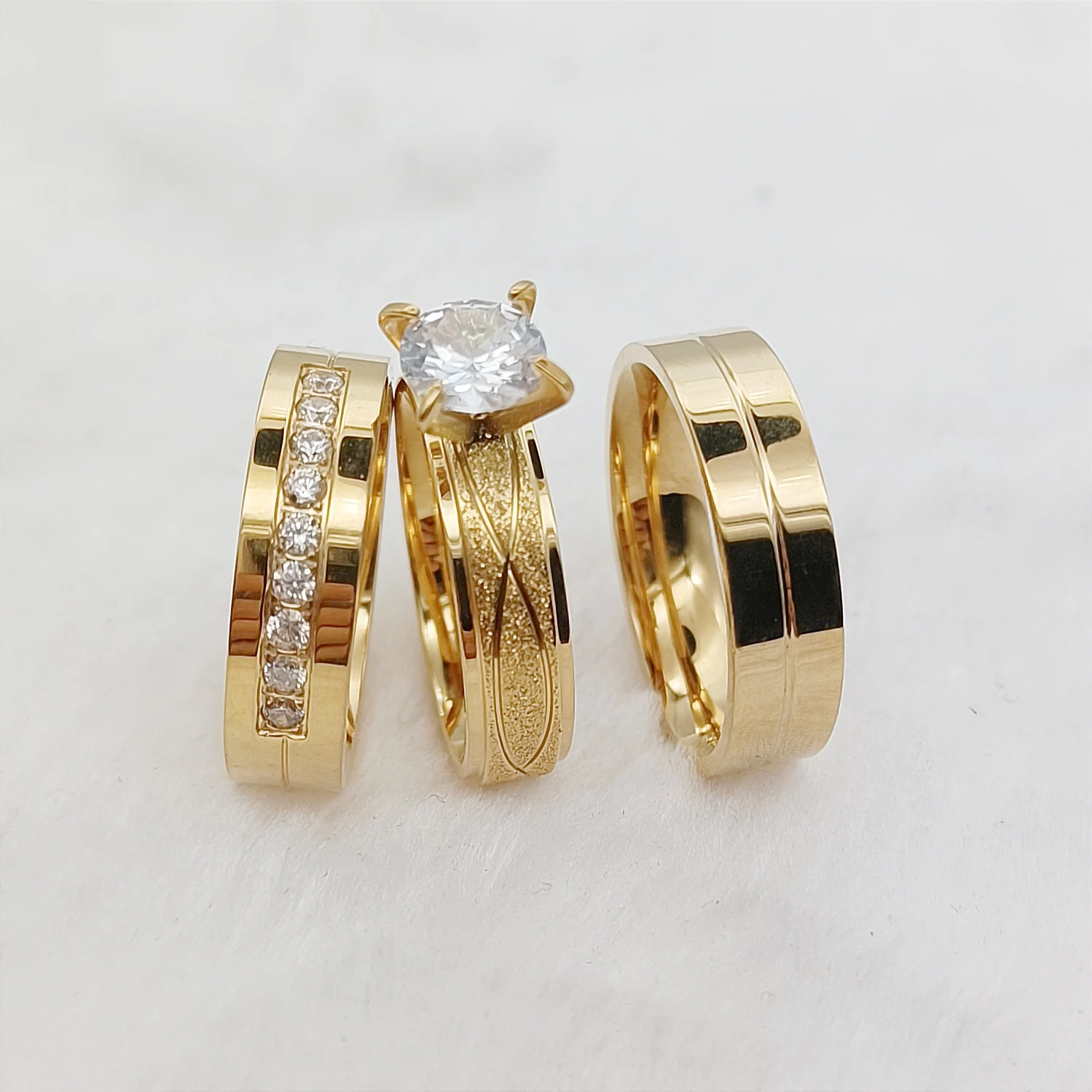 

Nice Trousseau Bridal Sets 24k Gold Plated Stainless Steel Jewelry 3pcs Wedding Engagement Rings For Couples Men and Women