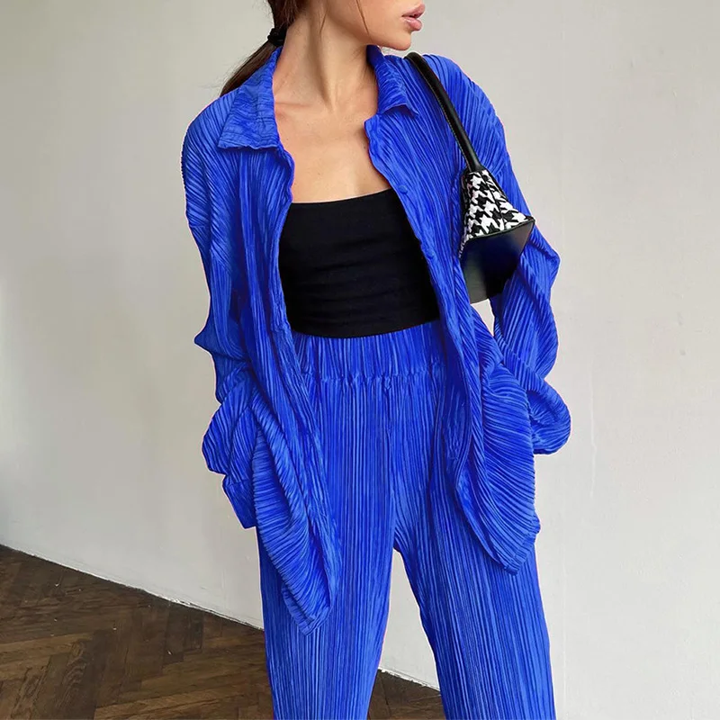 

High Quality Women Casual Wide Leg Trousers Set Sexy Solid Suit Two Pieces Outfits Office Lady Long Sleeve Lapel Jacket Coat