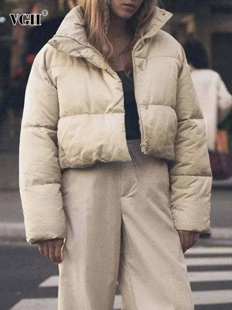

VGH Solid Winter Coats For Women Stand Collar Long Sleeve Patchwork Zippper Casual Loose Temperament Parkas Female Fashion 2022