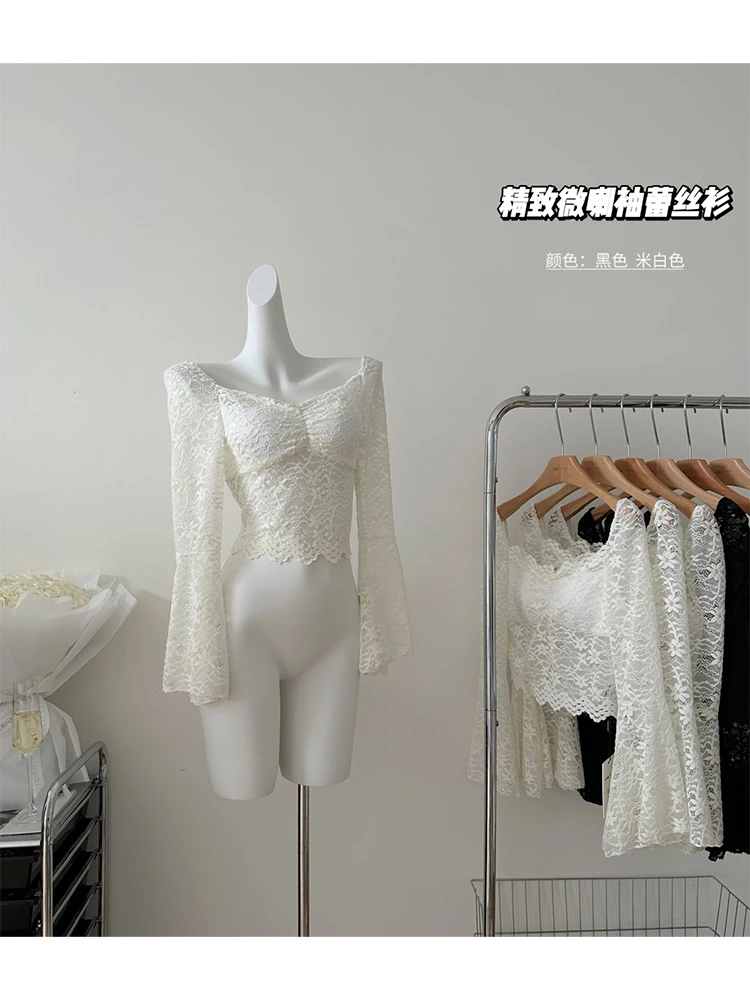 

Женская кружевная блузка с длинным рукавом, белая винтажная блузка в стиле 90-х, Элегантная укороченная рубашка в Корейском стиле, в стиле Харадзюку, осень 2000