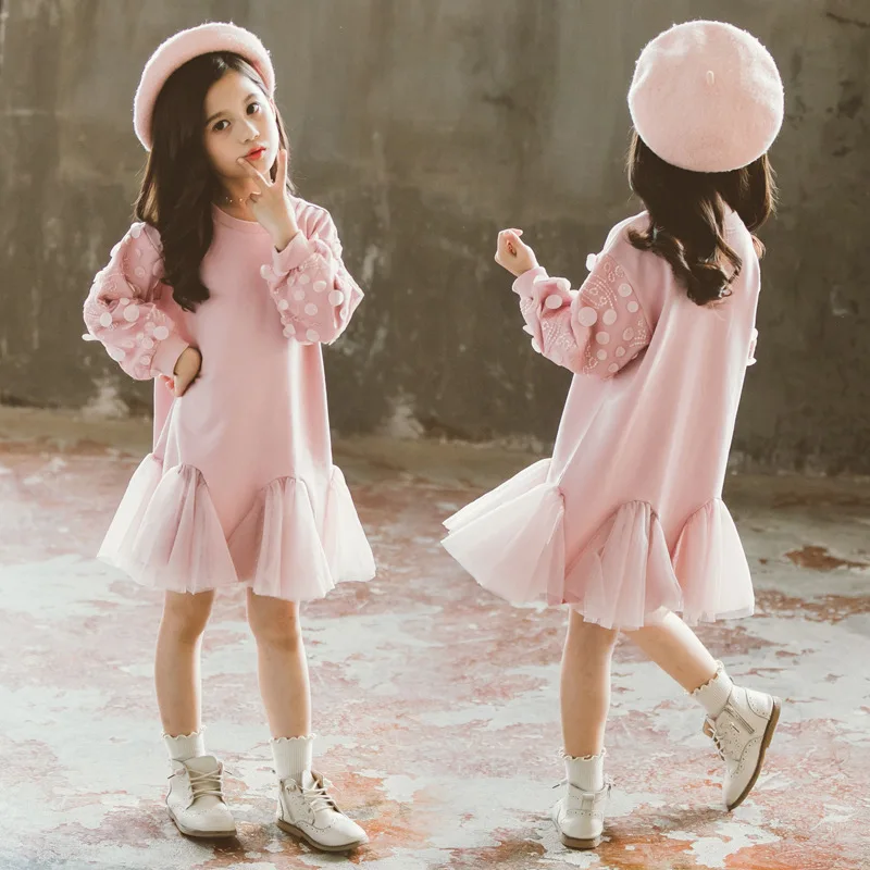 

Детская одежда для девочек, весенне-осеннее розовое платье-свитер с нашивками, Детские сетчатые платья с длинными рукавами и лепестками и круглым вырезом