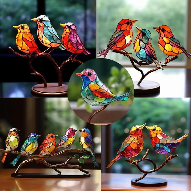 

Stained Glass Birds On Branch Acrylic Double Sided Colorful Birds Series Animals Shape Iron Art Multicolor Style Birds Decor Art