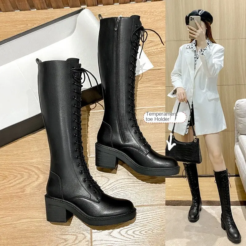 2023 New Thicken Winter Knight Boots Women Knee High Long Square Heel Boots Retro Thick Motorcycle Boots Black White Shoes