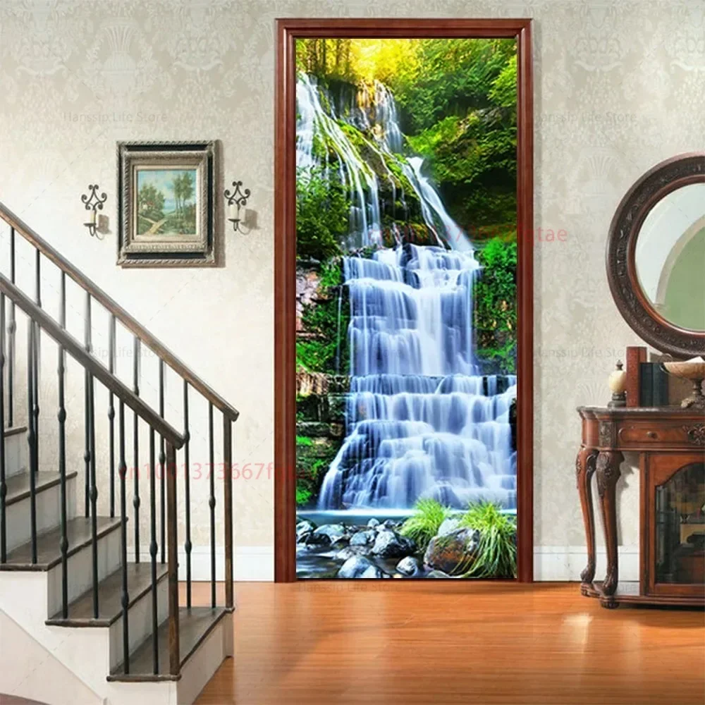 Наклейка на дверь с пейзажем водопада самоклеящаяся домашняя декоративная