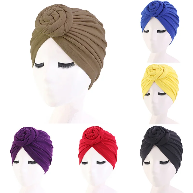 

Ladies Turban bonnet top knot Inner Hijab Caps doughnut headwrap Women head wraps India Hat Hijabs Cap soild color cotton