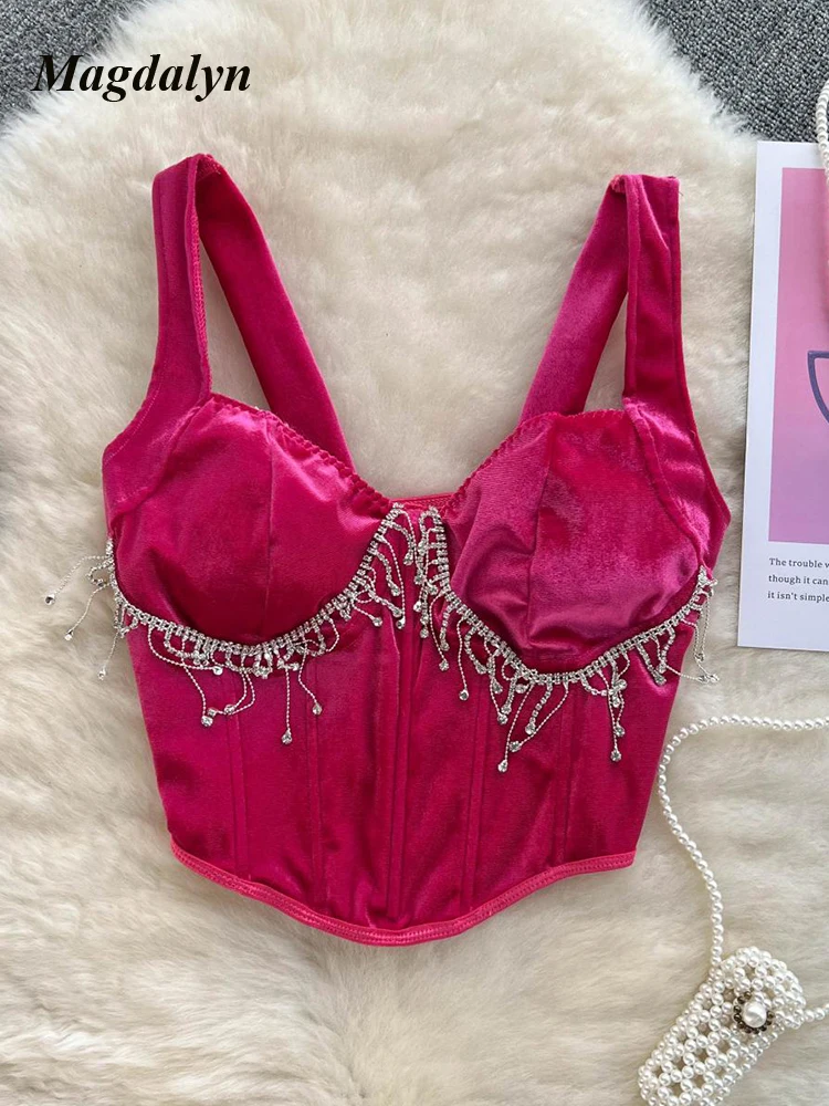 

Женская летняя велюровая Сексуальная майка Magdalyn, Женская однотонная майка, обтягивающие модные дизайнерские Асимметричные облегающие майки со стразами и кисточками Y2K