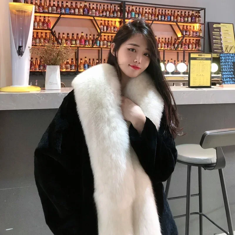 

2023 Winter New Finland Imported Whole Fur Fox Fur Big Fur Collar Rex Rabbit Fur Coat Mid-length Female 100%Real Fur Jacket