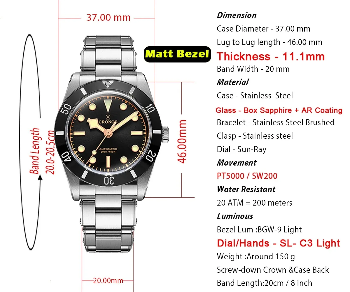 Cronos L6033 Часы для дайвинга BB54 PT5000 Автоматические механические наручные часы с