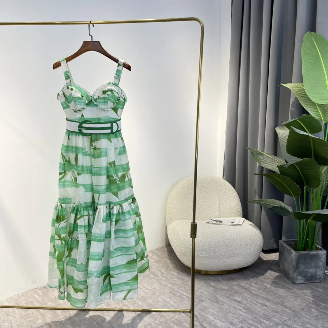 

2022 Summer New Fashion High Quality Beach Style Leaves Printing White Green Striped Sweetheart Neck Woman Dress With Sashes