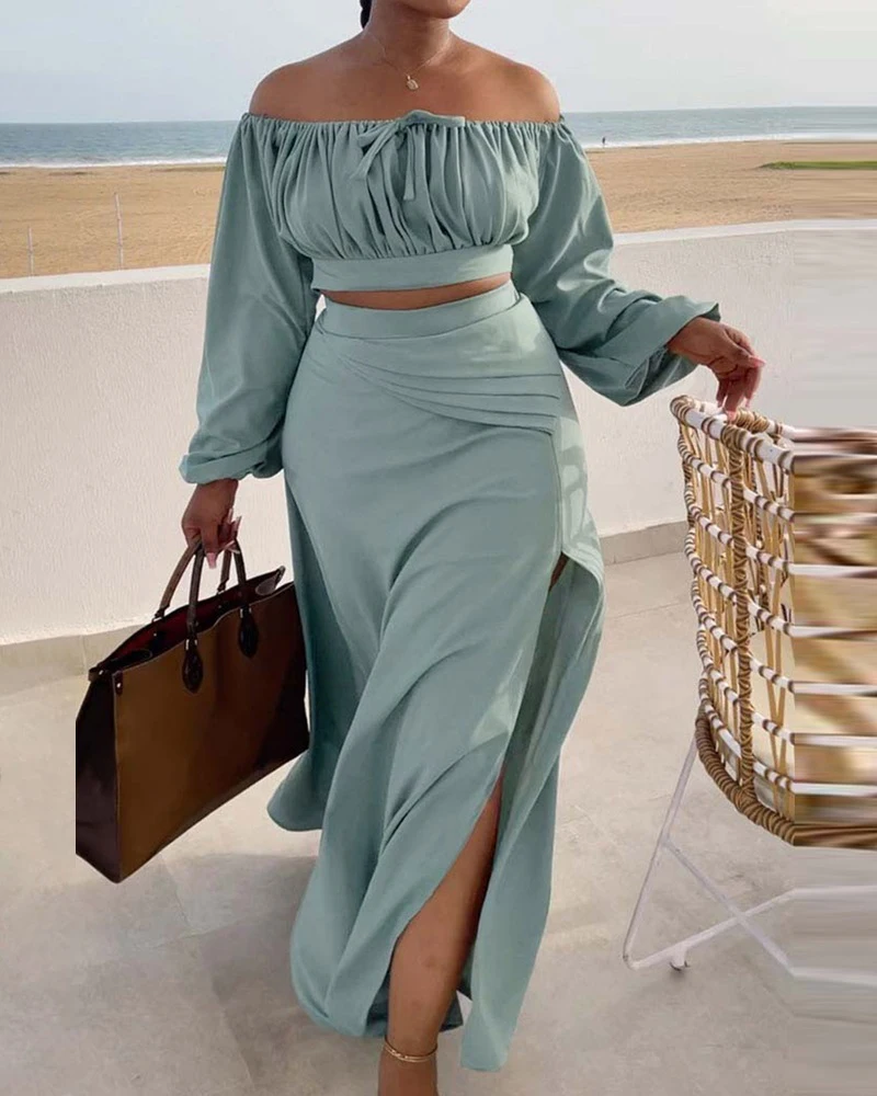 

Women Fashion Casual Long Sleeve Solid Color Off Shoulder Two Piece Dress Ruched Lantern Sleeve Top & Slit Skirt Set