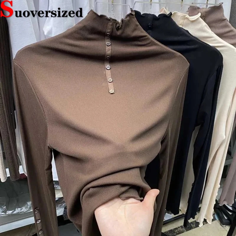 

Spring Fall Women's Mock Neck T-shirts New 2023 Slim Korean Camisetas Casual Long Sleeve Tops Solid Basic Bottomed T Shirt