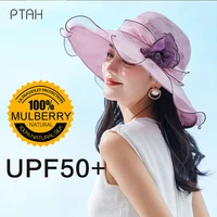 ptah spring hats women summer sun cap 100 mulberry silk hats sun protection breathable cap women beach ruffles hat large brim