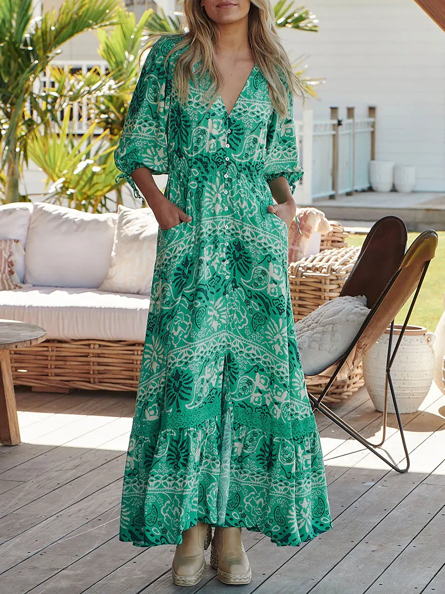 

Women s Floral Print Long Dress V-Neck Maxi Dress Flowy Ruffle Boho Smocked Dresses Bohemian Summer Beachwear