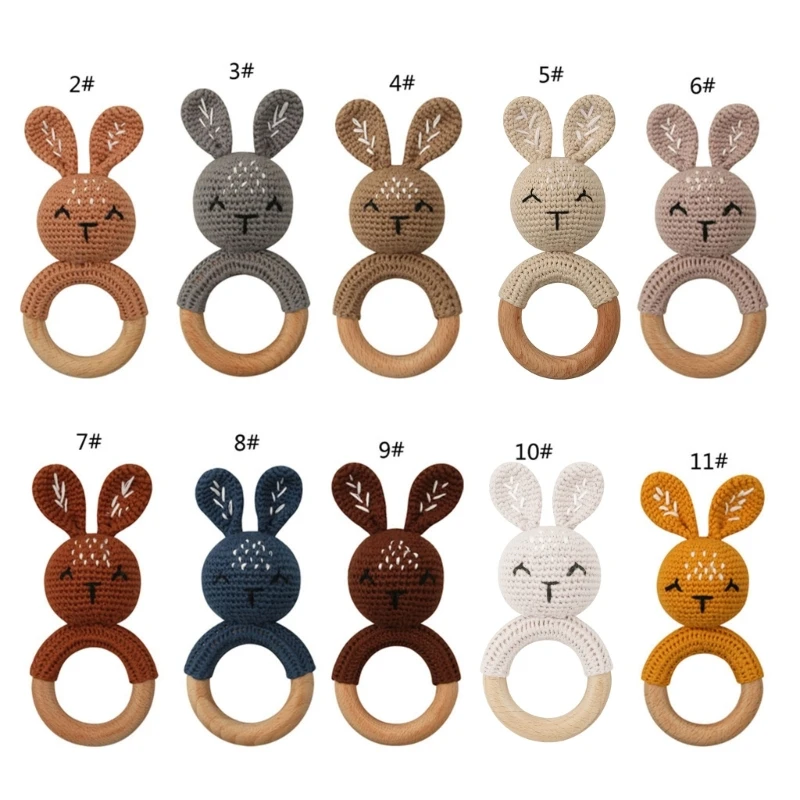 

Bunny Crochet Wooden Rings Teething Rattle Amigurumi For Baby Cot Hanging Toy