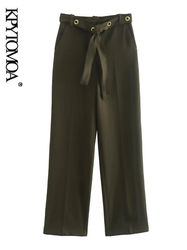 

KPYTOMOA Women Fashion With Ring Belt Side Pockets Straight Pants Vintage High Waist Zipper Fly Female Trousers Mujer
