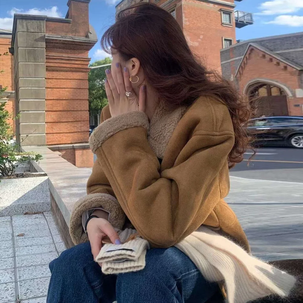 

Women's Winter Thicken Camel Lamb Wool and Leather Jacket Coat Lapel Collar Single Breasted Overcoat Outerwears 2023