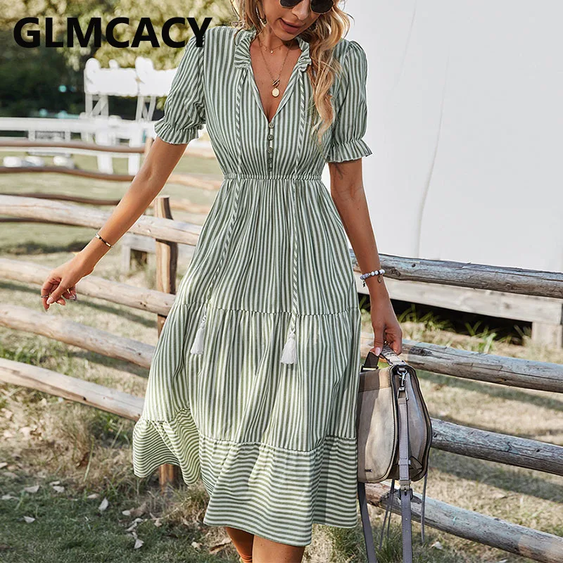 

Женское платье-миди в полоску, с коротким рукавом