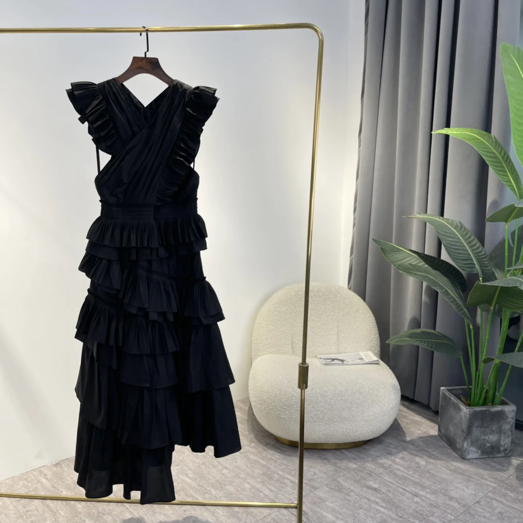 

Spring Summer New 22 Beige Black Cotton Poplin Pleated Layered Sleeveless Irregular Maxi Dress