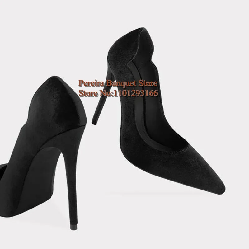 Женские бархатные туфли-лодочки на высоком каблуке-шпильке однотонные черные
