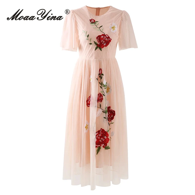 

MoaaYina, летнее модное дизайнерское розовое винтажное Сетчатое платье, женское платье с круглым вырезом и коротким рукавом, Вышитое цветочное праздничное вечерние платье миди