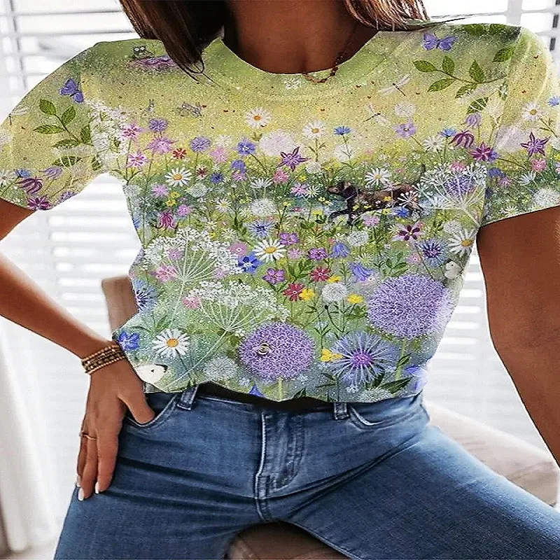 

New Fashion Summer Women's T Shirt Short Sleeve Everyday Casual Women's Top Floral Pattern Polyester Crew Neck Clothing