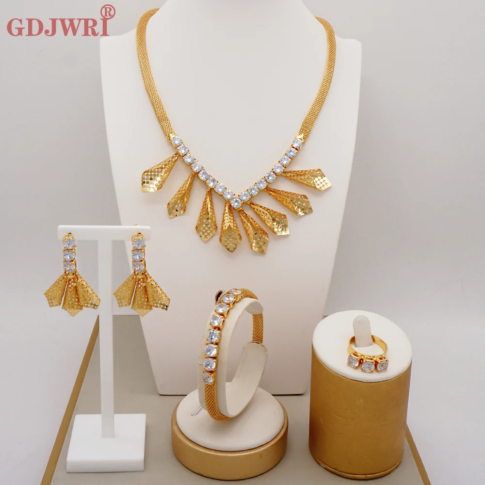 

Fine Unique Dubai Gold Color Jewellery Luxury Cubic Zirconia Necklace Earring Bracelet Ring Party Jewelry Set For Women