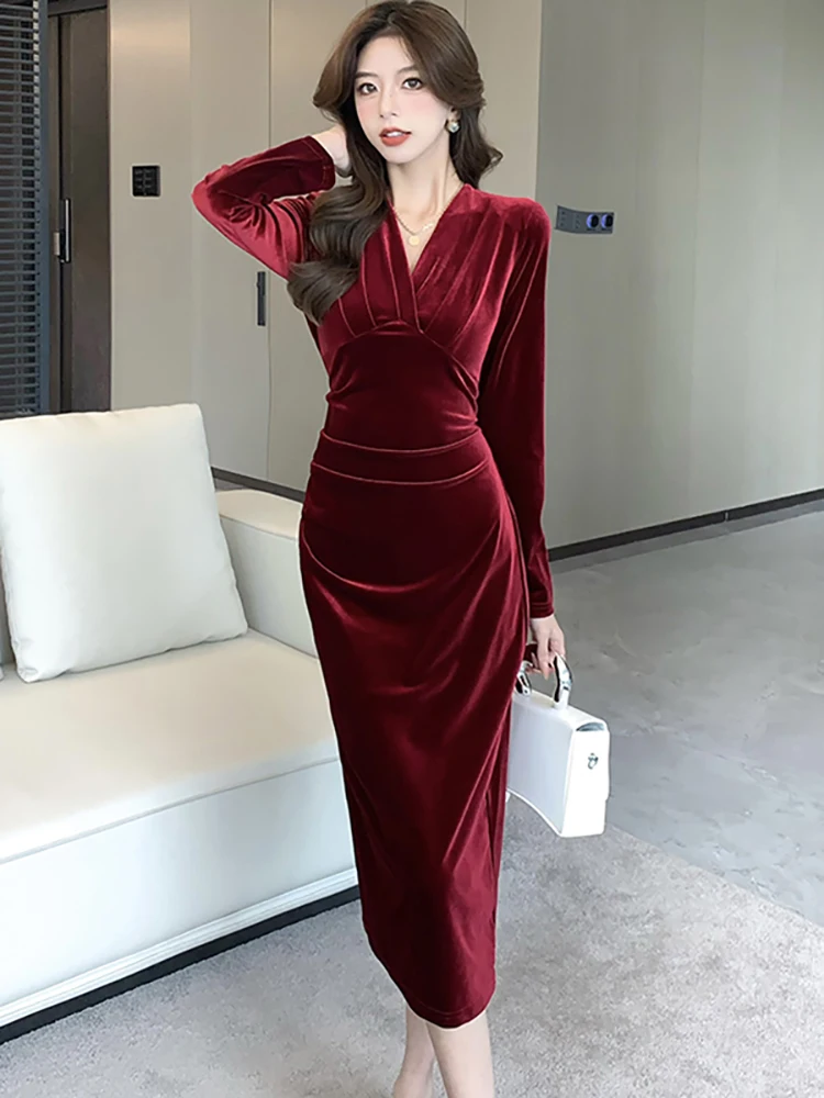 QAJAREL Красное бархатное платье